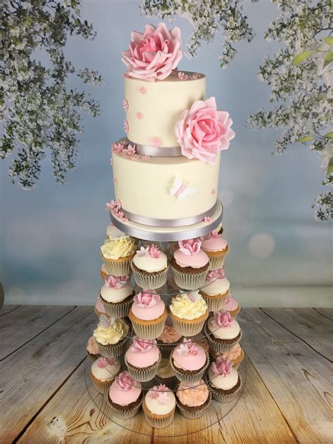 Roses And Butterflies Cupcake Tower With 2 Tier Cutting Cake Mels