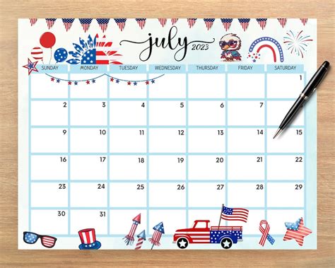 Editable July 2023 Calendar Cute 4th July Independence Day Etsy