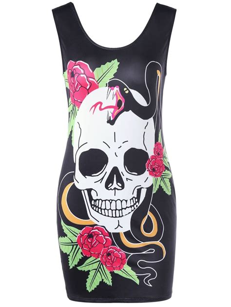 Floral Skull Print Mini Bodycon Dress Black L Cheap Bodycon Dress Bodycon Dress Online