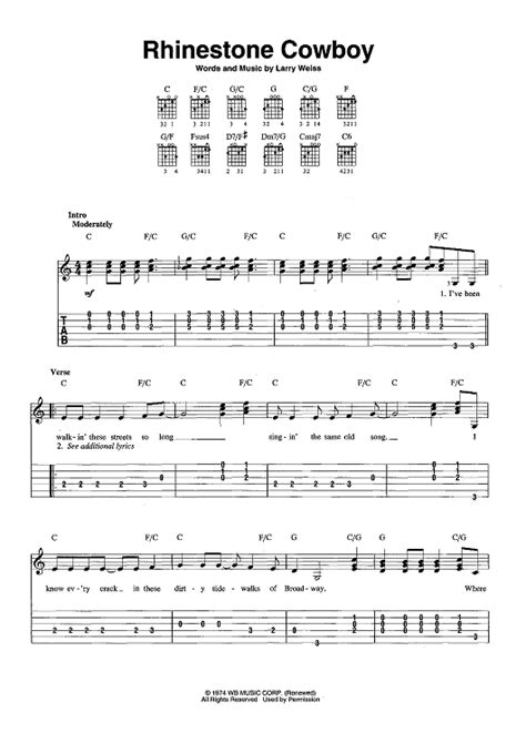 Rhinestone Cowboy Sheet Music By Glen Campbell For Easy Guitar Tab