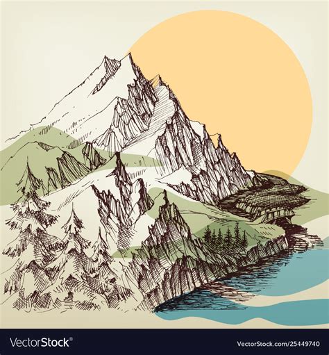 Alpine River Landscape Hand Drawing Royalty Free Vector