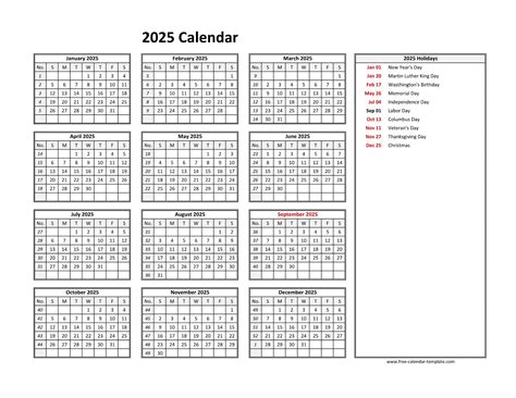 2025 Yearly Calendar Printable With Week Numbers Free Calendar