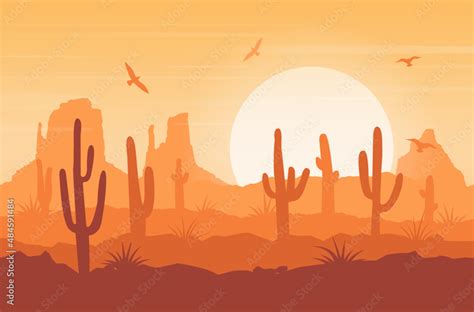 Desert Landscape Background With Dunes Cacti Sun And Birds