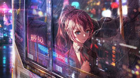 Anime Girl Bus Window Neon City 4k Hd Anime 4k