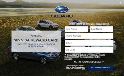 Car manufacturers have offered gift cards for test drives off and on for years. Subaru Test Drive Promotion: Receive $65 Visa Gift Card