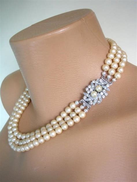 Vintage Pearl Choker Necklace 3 Strand Pearls Cream Pearls Pearl