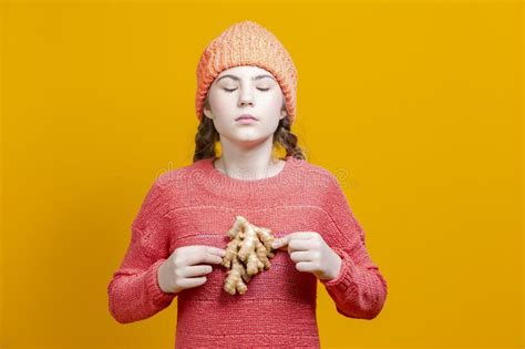 Healthy Eating Concepts Thinking Caucasian Girl In Coral Knitted