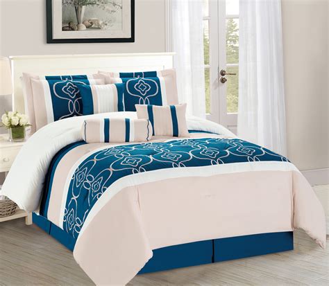 Wpm 7 Pieces Complete Bedding Ensemble Turquoise Blue White Beige Print