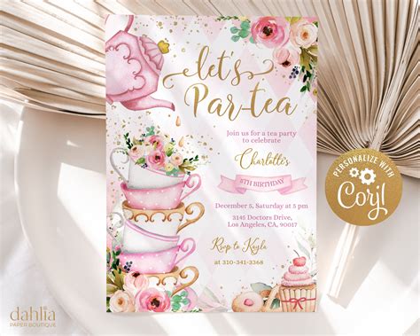 Editable Tea Party Birthday Invitation Pink And Gold Par Tea Etsy Uk