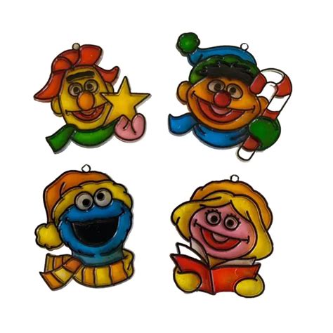 Vintage Sesame Street Christmas Ornaments Faux Stained Glass Plastic 9