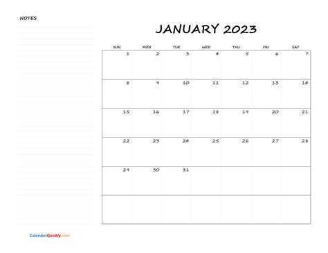Printable Yearly Calendar 2023 With Notes 2023 Printable Calendar