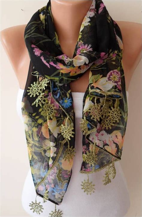 Floral Chiffon Scarf With Lace Edge T By Swedishshop On Etsy