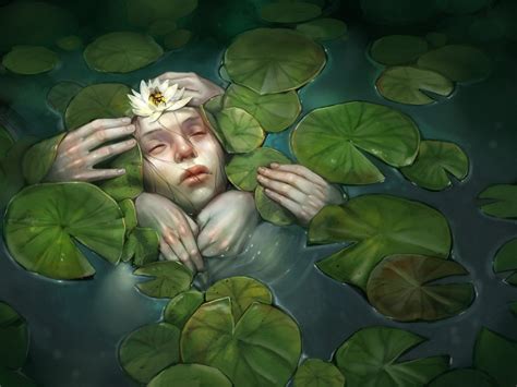 Wallpaper 1600x1200 Px Art Artwork Closed Eyes Fantasy Lilies Lily Pads Water Women