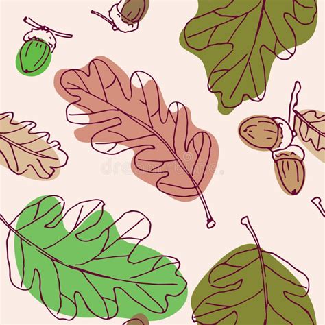 Colorful Outline Oak Leaves And Acorns In Pink Background Seamless