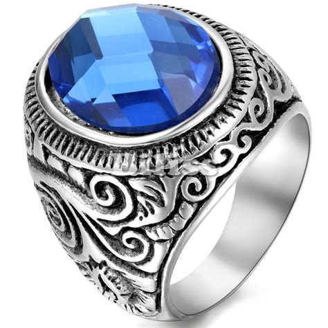 21mm Retro Punk Stainless Steel Mens Ring Gothic Big Blue Crystal Party