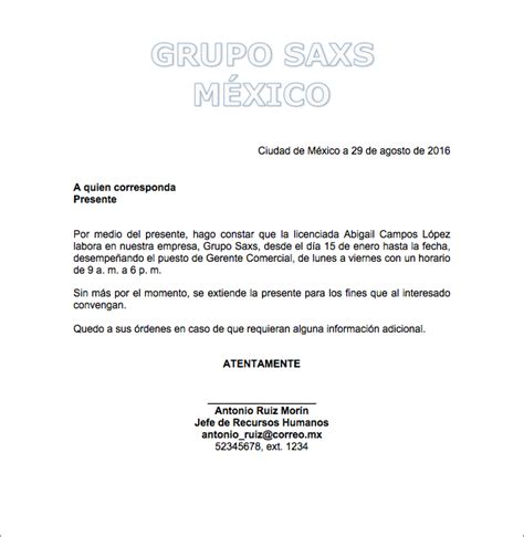 Carta De Constancia De Horario Laboral New Sample X