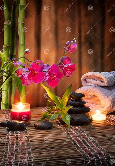 Composition Spa Massage Bamboo Orchid Towels Candles And Black