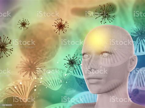 3d 추상 의료 배경 여성 얼굴 바이러스 세포와 Dna 가닥 0명에 대한 스톡 사진 및 기타 이미지 0명 3차원 형태