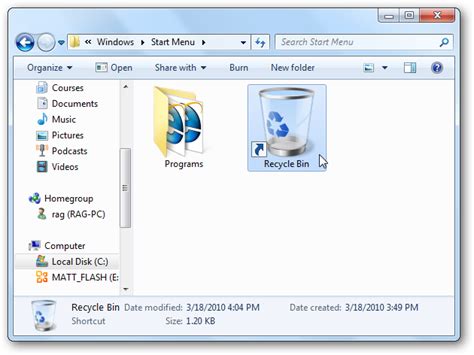 Add The Recycle Bin To Start Menu In Windows 7