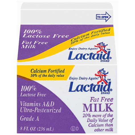 Lactaid 100 Lactose Free Fat Free Calcium Fortified Milk 8 Oz Carton