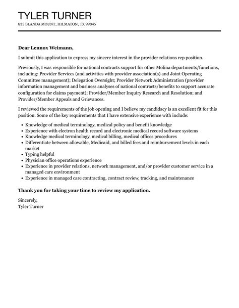 Provider Relations Rep Cover Letter Velvet Jobs