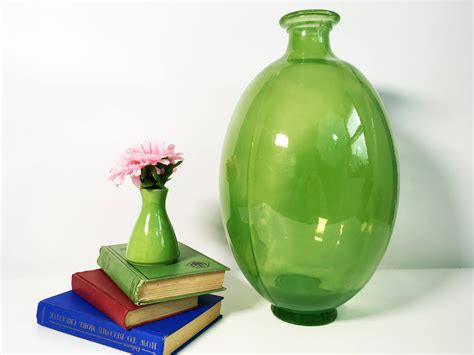 Pair Of Green Mid Century Modern Glass Vases 10 Inches Tall Heavy Bottom Retro