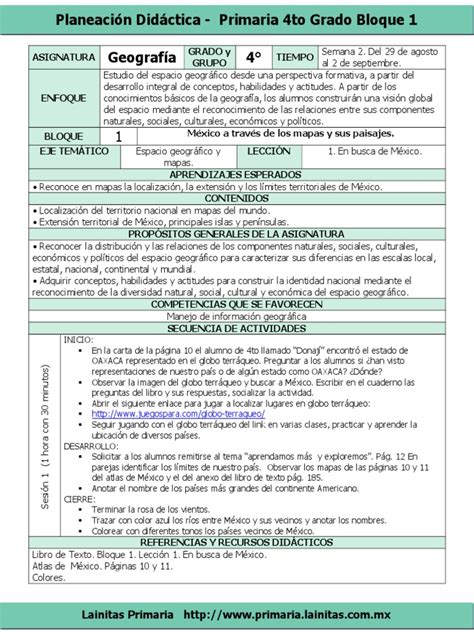 Plan 4to Grado Bloque 1 Geografía 2016 2017 Pdf Paisaje México