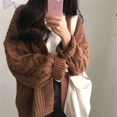 Korean Winter Womens New 2017 Twist Loose Long Sleeve Knit Sweater Cardigan Coat Thick Winter
