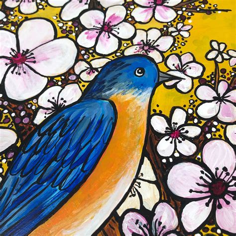 Bluebird Painting Original Blue Bird With Cherry Blossom Etsy Uk