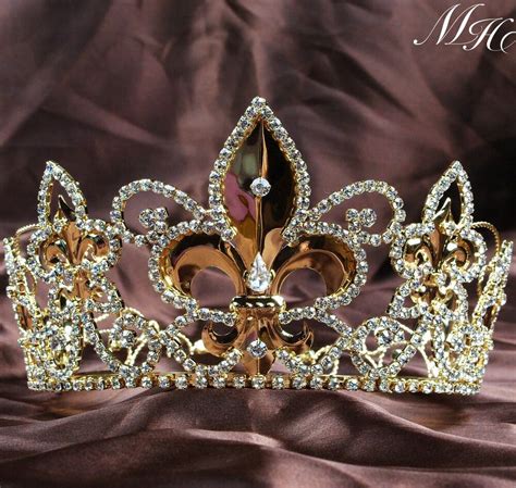 King Queen Crown Imperial Fleur De Lis Tiara Rhinestone Full Circle