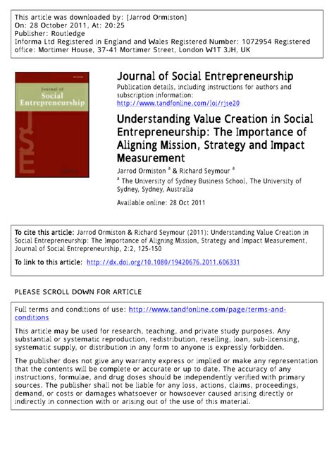 The value of social entrepreneurship cannot be highlighted enough in the modern age of business. (PDF) Understanding Value Creation in Social ...