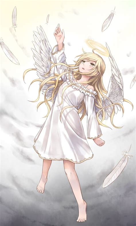 1girl Angel Angelwings Blondehair Halo Solo Wings Yelloweyes