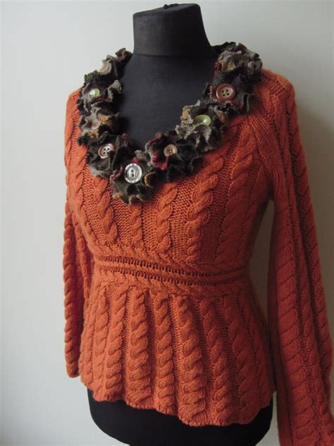 Burnt Orange Cable Knit Sweater With Sweater Flowers Etsy
