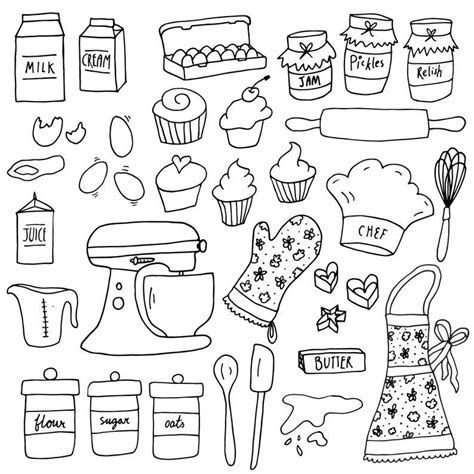 A Black And White Drawing Of Baking Related Items