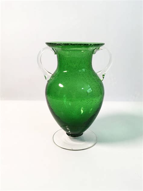 Vintage Art Glass Vase Emerald Green Bubble Glass W Clear Handles And Base Hand Blown Glass