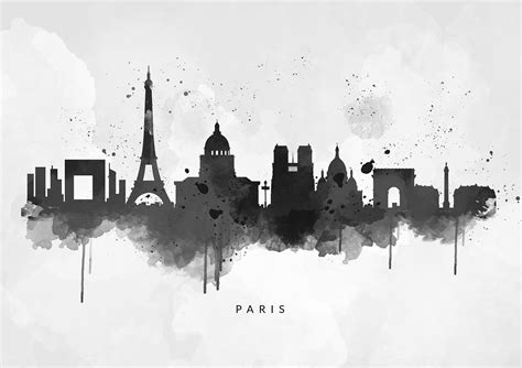 Paris Skyline Black And White Art Watercolour Abstract Art Print