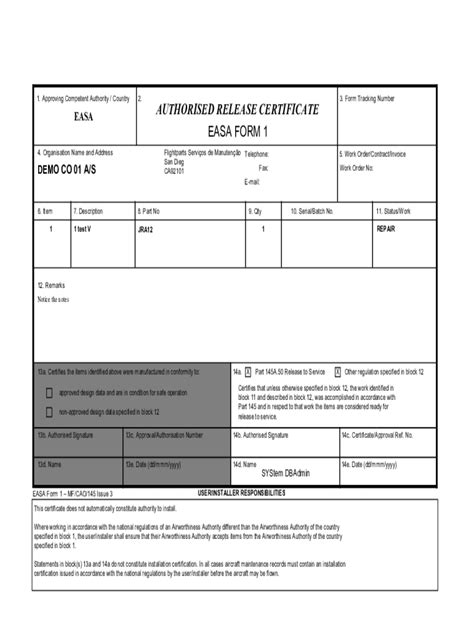 Fillable Online Fillable Online Authorised Release Certificate Easa