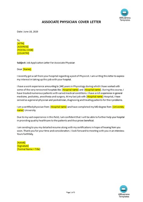 Medical doctors letter for charge for examining patients, diagnosing their conditions, and recommending treatments. Job Application Letter For Associate Physician | Templates ...