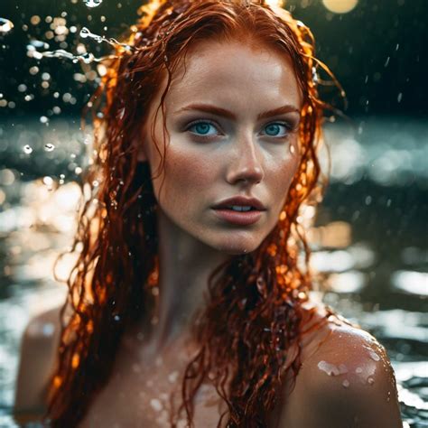 Lifelike Portrait Of Gorgeous Beautiful Attractive Cool Looking Wet Redhead Bikini Girl In Water
