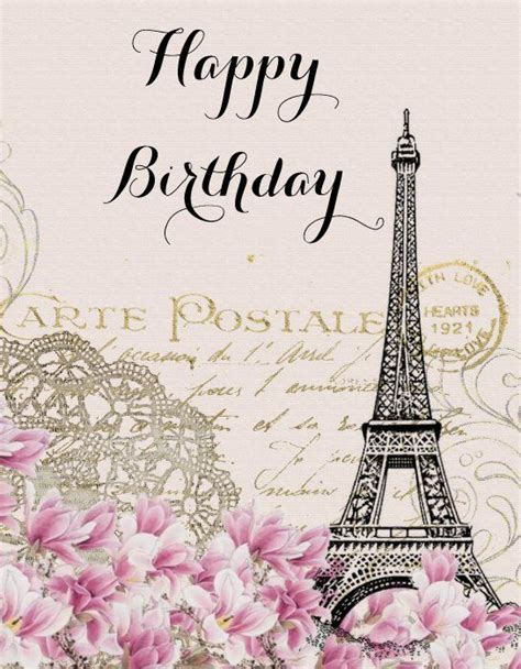 Vintage Eiffel Tower With Pink Flowers Birthday Card