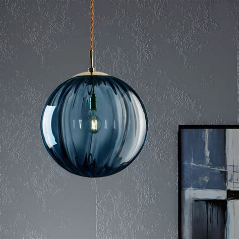 Sphere Pendant Lighting Modern Blue Ribbed Glass 1 Light Led Hanging Ceiling Lamp For Bedroom