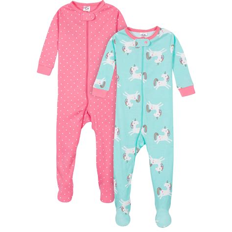 2 Pack Baby And Toddler Girls Unicorns Snug Fit Footed Cotton Pajamas