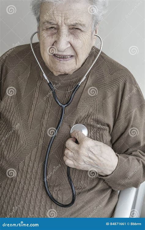 Senior Woman Listening Her Heart With Stethoscope Stock Image Image