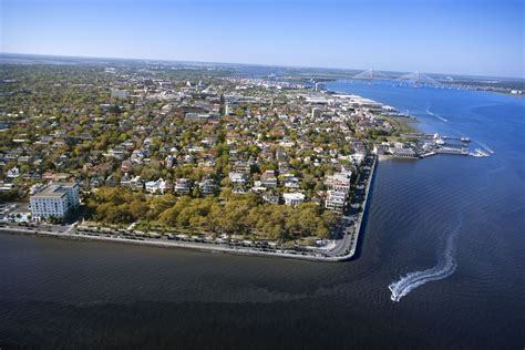 Aerial View Of Harbor And Buildings In Charleston South Carolina