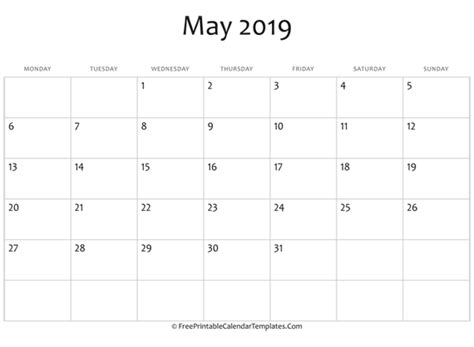 Fillable May Calendar 2019 Horizontal