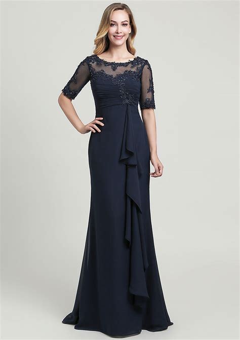 Scoop Neck Half Sleeve Sheath Column Chiffon Mother Of The Bride Dress With Side Draping Sequins