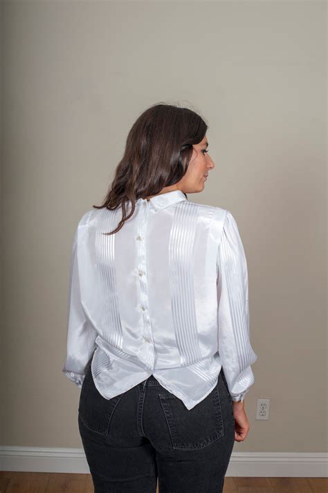 Vintage High Neck White Satin Button Back Collared Long Sleeve Etsy White Satin Fabric