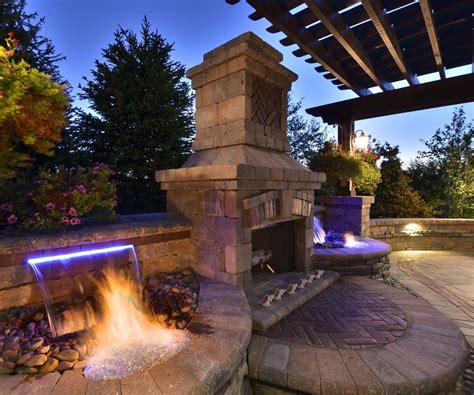 Outdoor Fireplace And Waterfall Designs Backyard Water Feature