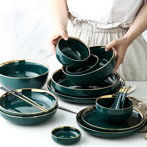 Emerald Green Gold Trim Ceramic Dinnerware Modernspaceliving