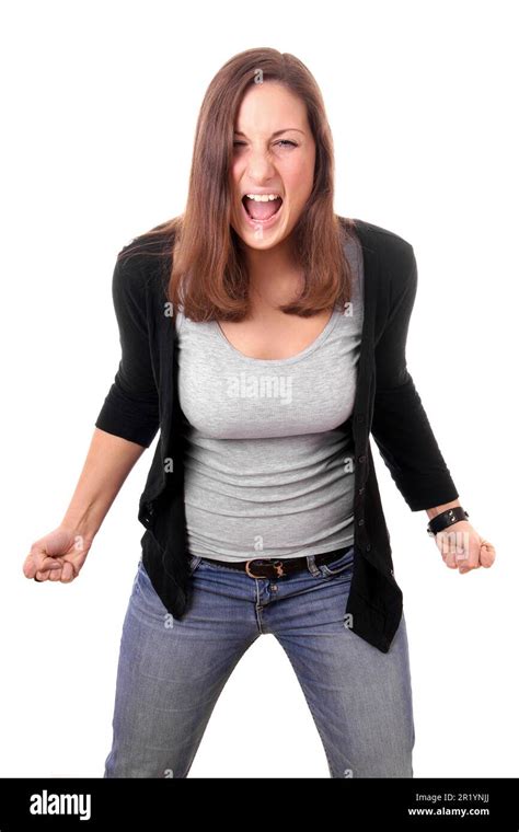 Angry Woman With Clenched Fists Shouting Stock Photo Alamy